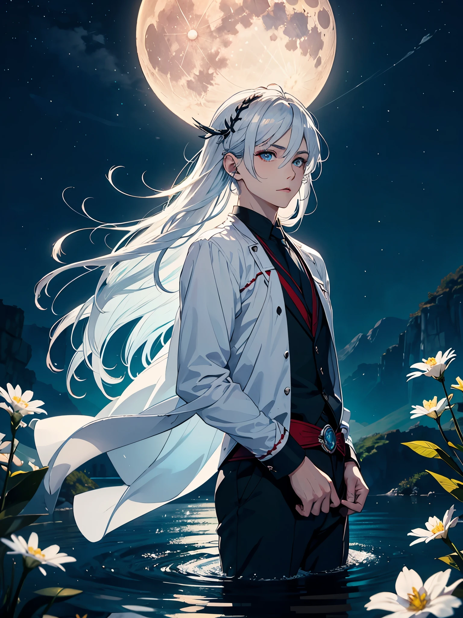 Red eyeliner. Mit Rock. Im Kleid. Blut. Engel. Viele weoße vögel. More anime. light blue light. Bright bright light. magical. Moon. White flowers. male. Long hair. long white hair. aquatic, boy, God of the Moon, silver hair accessories, White hair.