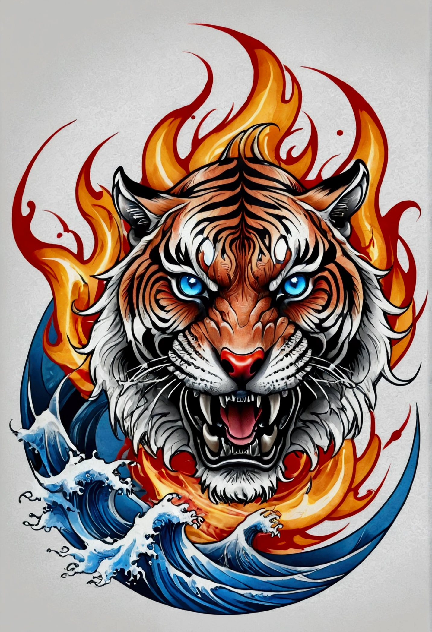 Traditional Japanese tattoo, realistic tattoo art of orange tiger with (((blue eyes))) with red fire splatter sketch effect, he is with open mouth looking very fierce and angry, the background is back and gray Japanese wave tattoo, 
