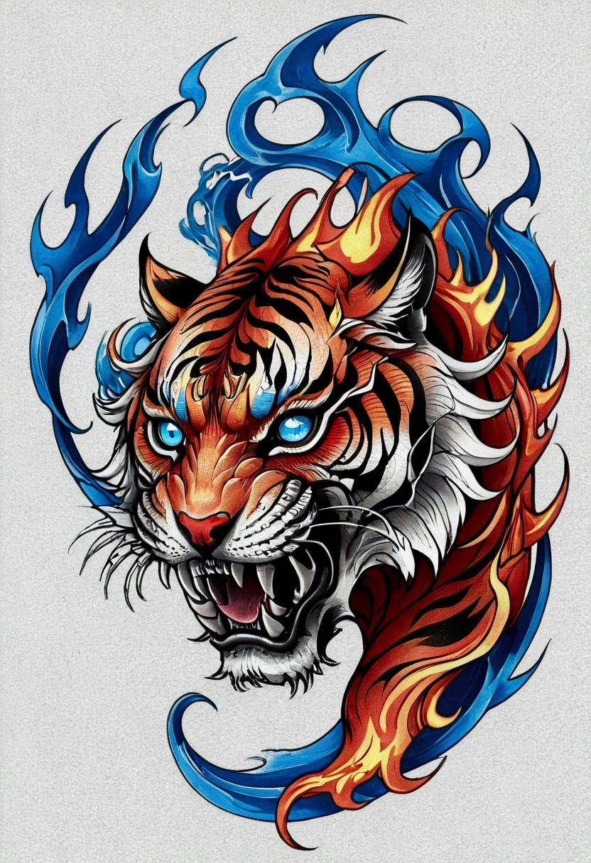 Traditional Japanese tattoo, realistic tattoo art of orange tiger with (((blue eyes))) with red fire splatter sketch effect, he is with open mouth looking very fierce and angry, the background is back and gray Japanese wave tattoo, 
