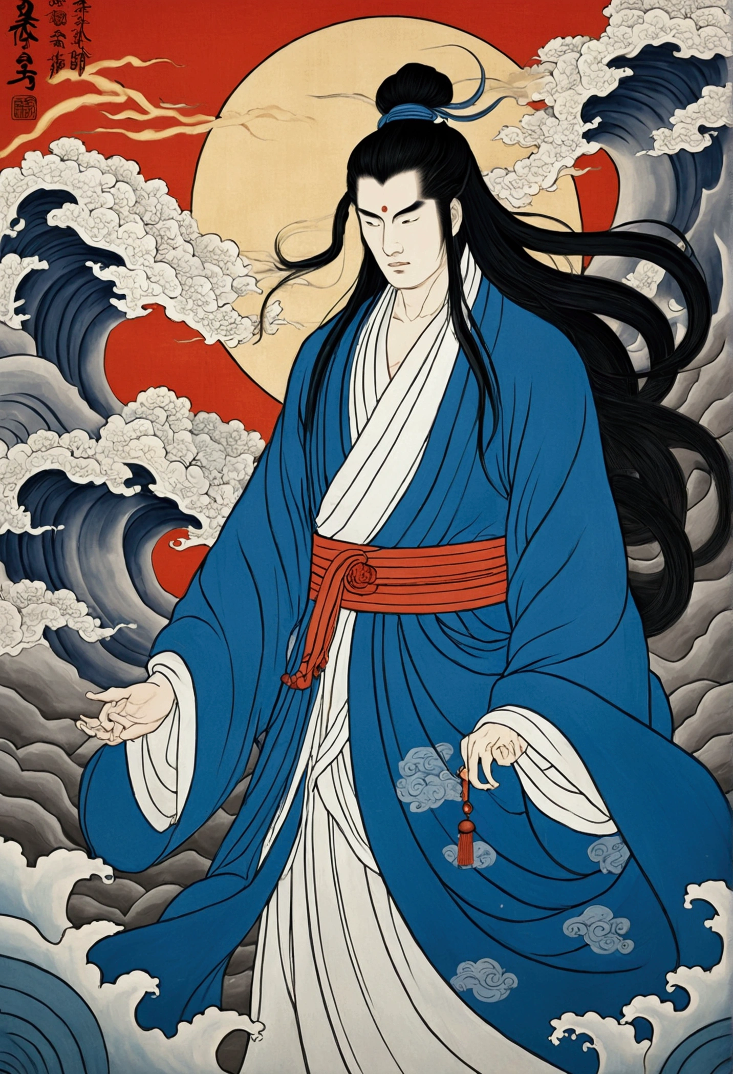 Susanoo,God of the storm, Banished from Heaven, come down from the sky,White and blue clothes,Long black hair, Calm expression, Shui Mohua, Lotus, Chinese painting style, Thangka Style