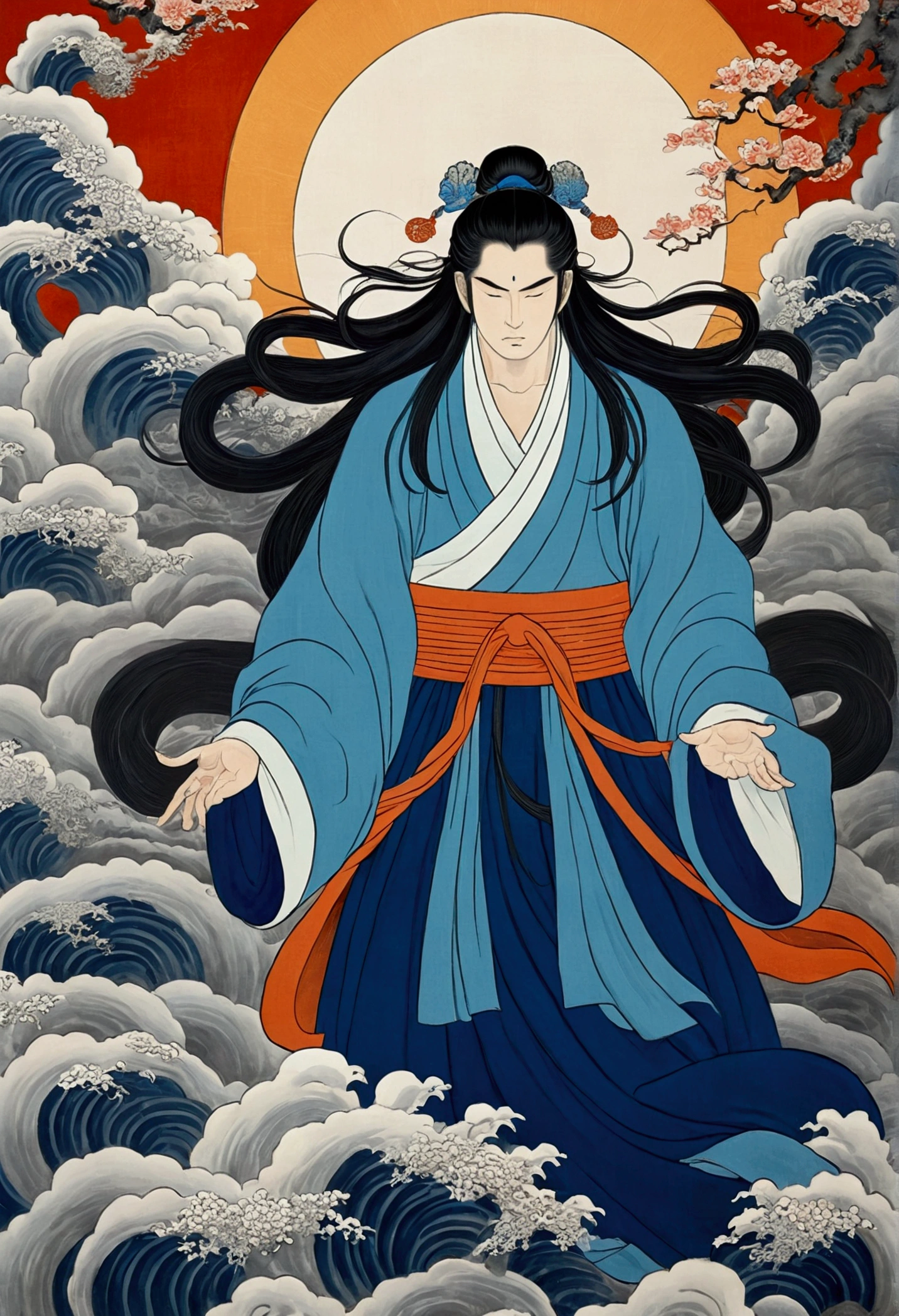 Susanoo,God of the storm, Banished from Heaven, come down from the sky,White and blue clothes,Long black hair, Calm expression, Shui Mohua, Lotus, Chinese painting style, Thangka Style