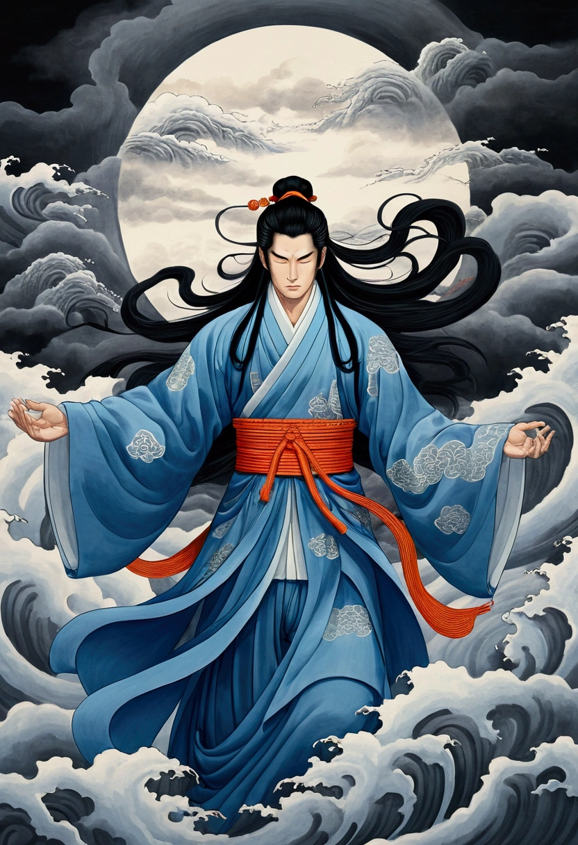 Susanoo,God of the storm, Banished from Heaven, come down from the sky,White and blue clothes,Long black hair, Calm expression, Shui Mohua, Lotus, Chinese painting style, Thangka Style