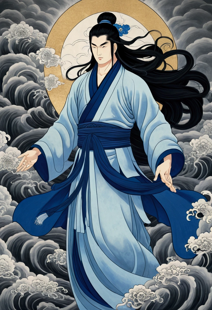 Susanoo,God of the storm, Banished from Heaven, come down from the sky,White and blue clothes,Long black hair, Calm expression, Shui Mohua, Lotus, Chinese painting style, Thangka Style