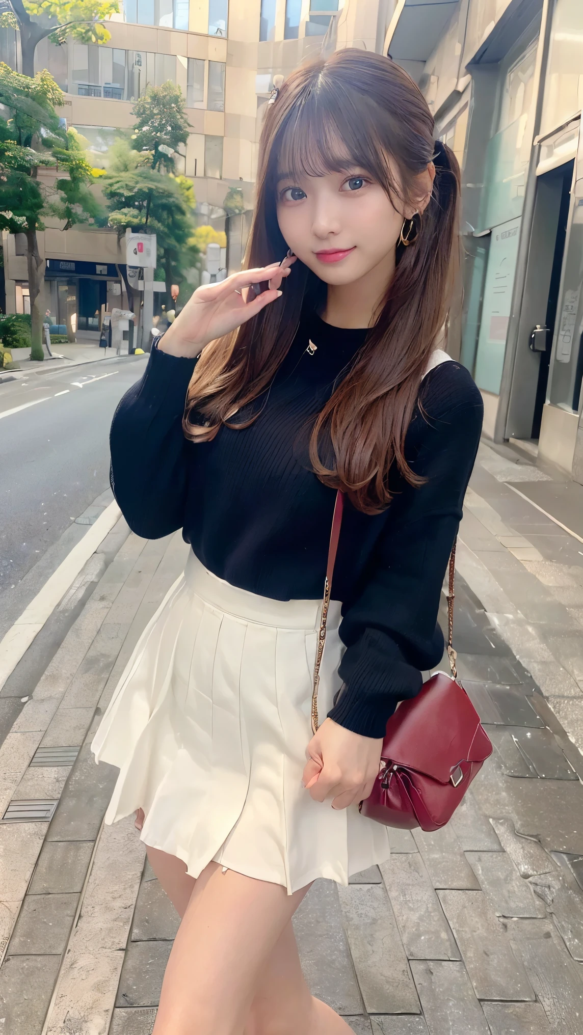 (8K、Raw photography、top-quality、masterpiece:1.2)、(realisitic、Photorealsitic:1.37)、ultra-detailliert、超A high resolution、1 fair-skinned girl、beautifull detailed face、In the street、full body Esbian、poneyTail、hand bag、Cardigan、flered skirt、(glowing earrings)、a smile