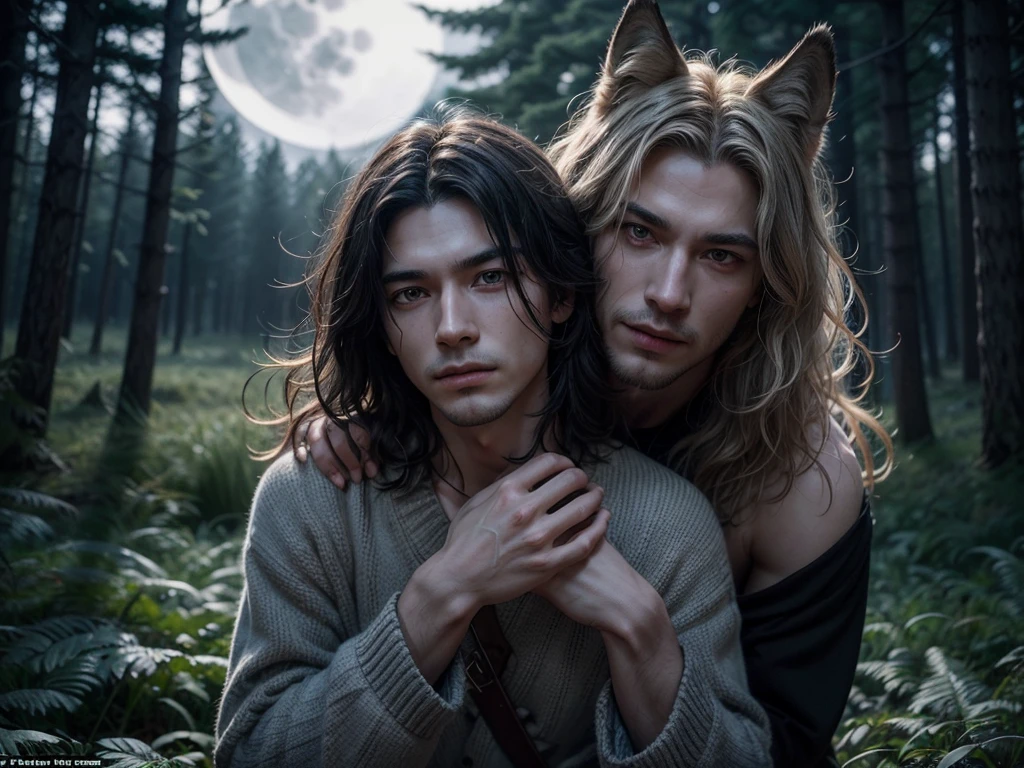 "Generate an image that represents the gradual transformation of a man into a wolf. Start with a man in a typical human pose, wearing simple medieval clothes. As the transformation progresses, make your skin become hairier, especially on the hands and face, with bright yellow eyes and visible fangs. Human hair should turn into a dark, wild mane, while his features take on a wolfish expression. The scene must take place in a forest at night, under the moonlight, to emphasize the mysterious and supernatural aspect of the transformation."