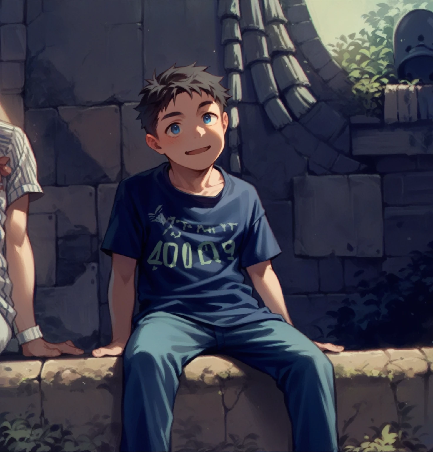 an 11 year old boy was sitting happily. He had short black hair with cute features. His blue eyes examined each 