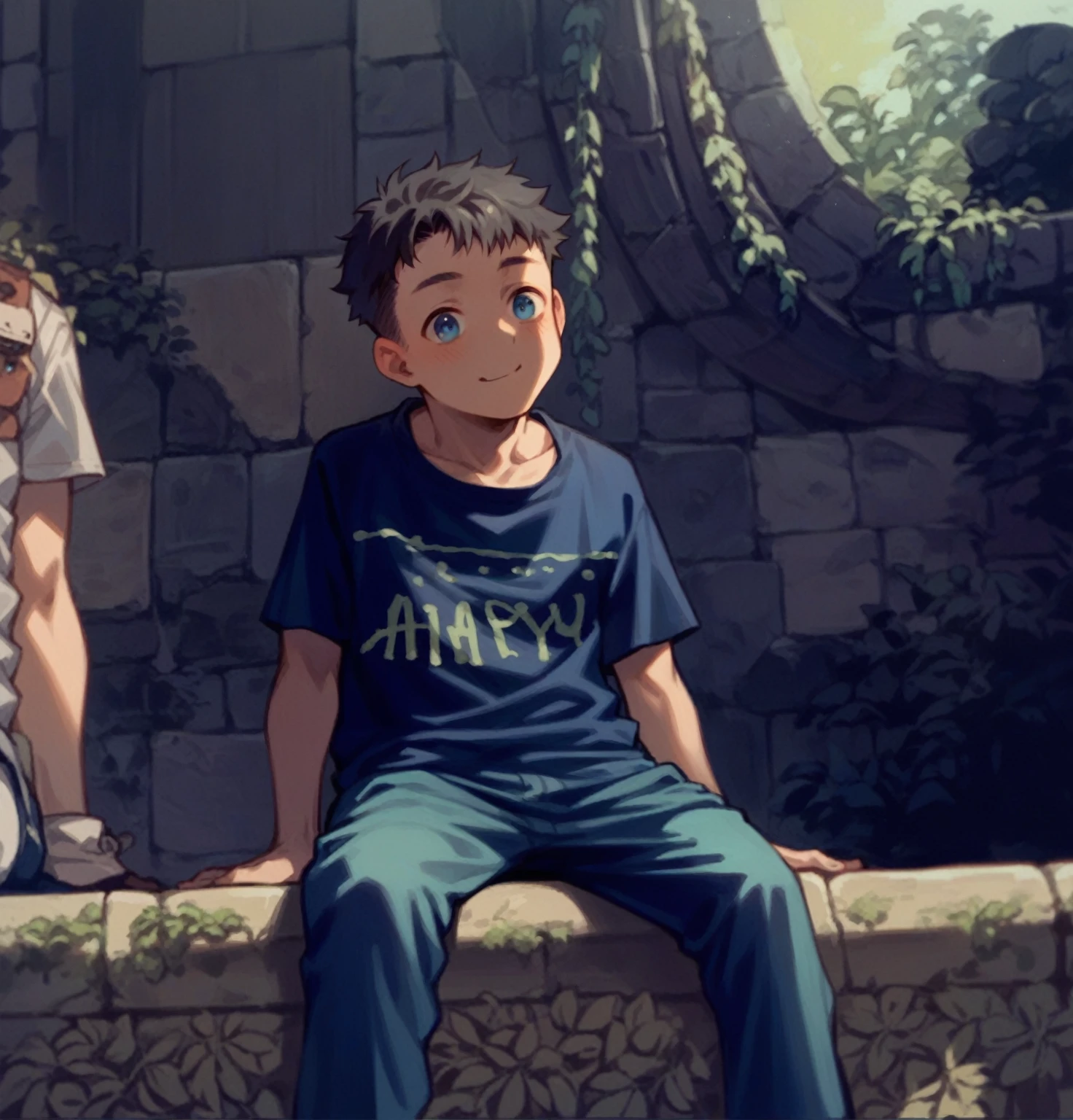 an 11 year old boy was sitting happily. He had short black hair with cute features. His blue eyes examined each 
