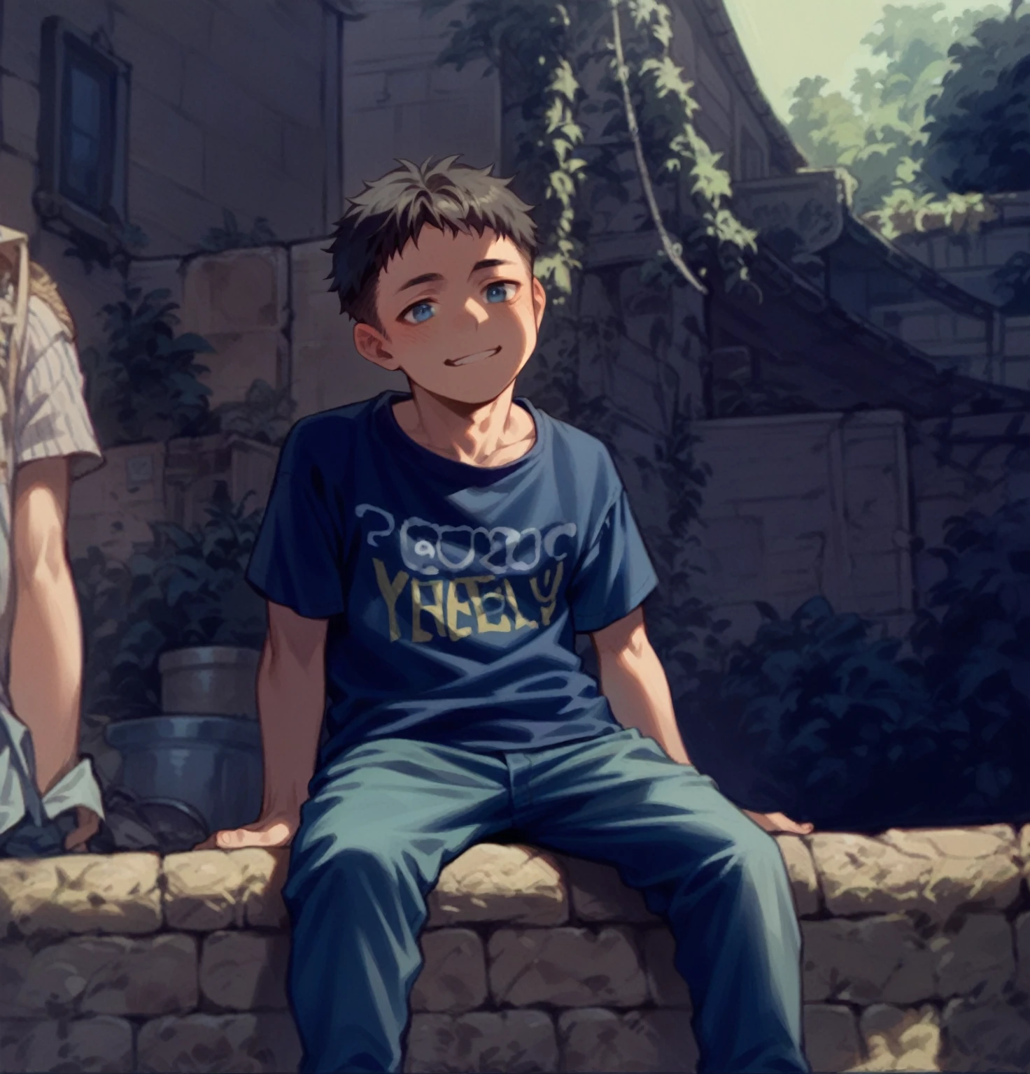 an 11 year old boy was sitting happily. He had short black hair with cute features. His blue eyes examined each 