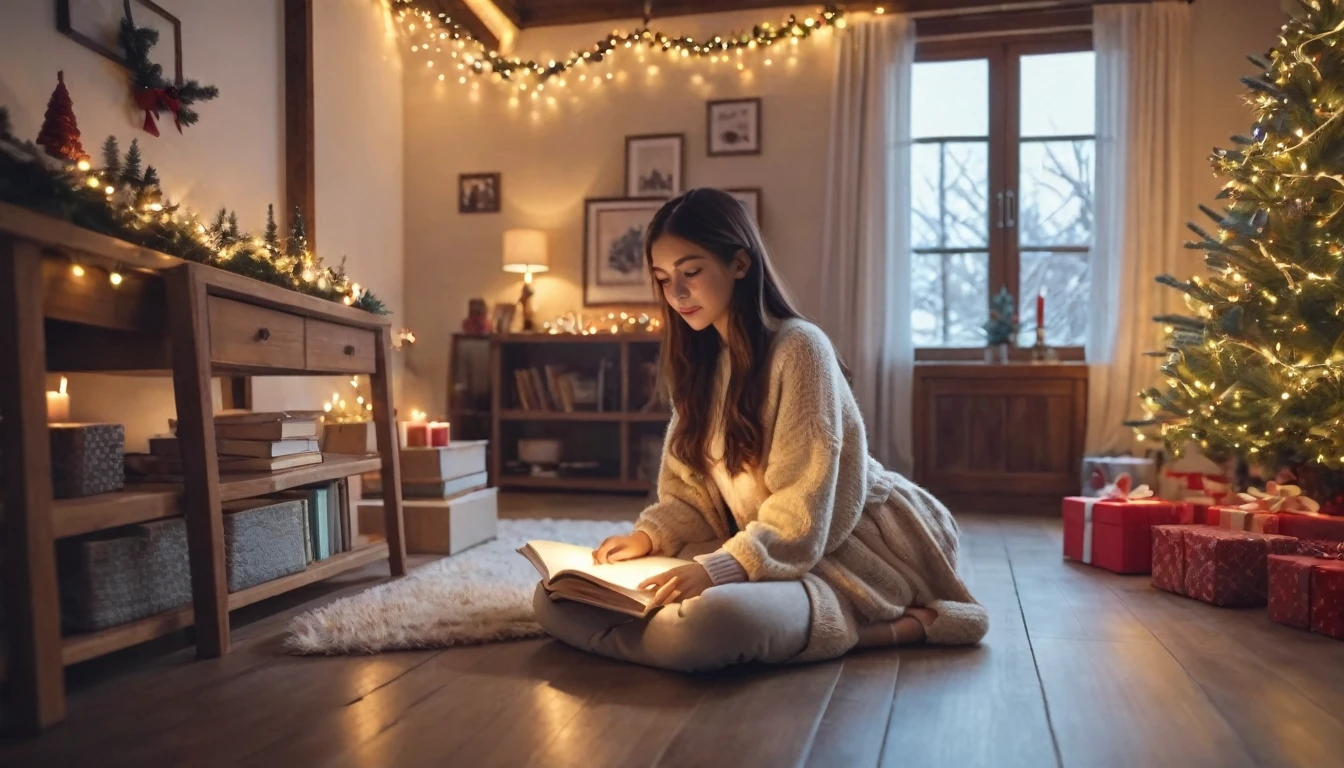 beautiful girl sitting and studying in the cozy room, ambience vibe, 4k, IN CHRISTMAS THEME