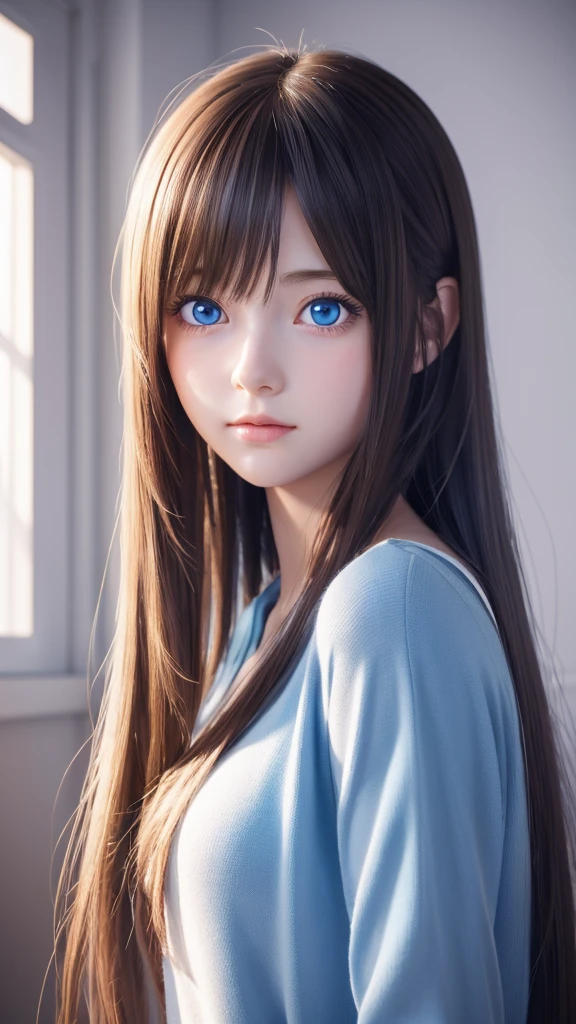 Anime girl with long hair and blue eyes in a room, Cute girl anime visuals, Cute realistic portrait, Smooth anime CG art, Visual Novel CG, Realistic Anime 3D Style, sayori, Realistic young anime girl, Painted in an anime artist&#39;s studio, Semi-realistic anime, shikamimi, Anime Moe Art Style, sakimi chan, Semi-realistic anime