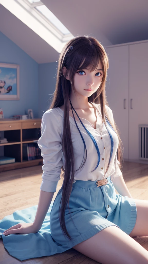 Anime girl with long hair and blue eyes in a room, Cute girl anime visuals, Cute realistic portrait, Smooth anime CG art, Visual Novel CG, Realistic Anime 3D Style, sayori, Realistic young anime girl, Painted in an anime artist&#39;s studio, Semi-realistic anime, shikamimi, Anime Moe Art Style, sakimi chan, Semi-realistic anime