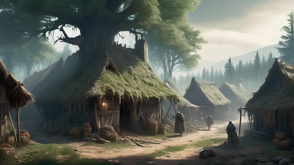 Create an image of a medieval village nestled in the heart of a dense, dark forest, experiencing a severe food crisis and hunger. The village, consisting of small, thatched-roof cottages and simple wooden structures, appears weathered and worn. The forest around it is imposing, with tall, ancient trees casting long shadows over the scene, adding to the sense of isolation and struggle.

Villagers, dressed in tattered clothing, move slowly and wearily through the muddy streets, their faces gaunt and eyes filled with desperation. A few empty market stalls stand abandoned, with only a handful of withered vegetables and scraps remaining. Smoke rises weakly from a few chimneys, indicating meager fires struggling to provide warmth.

Children, frail and listless, huddle together for warmth, while elders and adults gather around a central fire pit, discussing their dire situation with worried expressions. The forest looms ominously at the village's edge, its dark interior hinting at both potential danger and untapped resources.

Animals, once abundant, are now scarce, and the fields surrounding the village lie fallow, plagued by blight and neglect. A sense of quiet despair pervades the air, as the villagers grapple with the harsh reality of their dwindling food supplies and the threat of starvation.

This image captures the harsh and somber reality of a medieval village in the midst of a food crisis, highlighting themes of survival, community struggle, and the relentless challenges posed by nature in a dark medieval fantasy setting.
