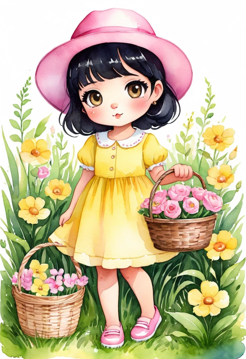 A watercolor illustration of a chibi-style cartoon character standing in the grass. The Latina girl has black hair, wears a pink hat and big eyes. Her makeup is light. The character is wearing a yellow blouse underneath and a light pink dress on top, as well as yellow shoes on her feet. She holds a basket of flowers in her hand and next to her is a sleeping kitten