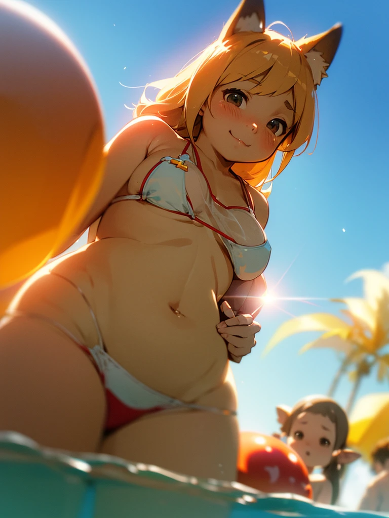 (Sumilux f1.4 24mm , low Latitude old color negative film , cross process , bokeh, flare, chromatic aberration , soft focus, (Shallow focus) , soft glow , Maximum aperture, High Key , Transparent depiction) , dynamic wide angle , fox girl , round butter face, round eyes , (swimwear) , in the sunny pool side