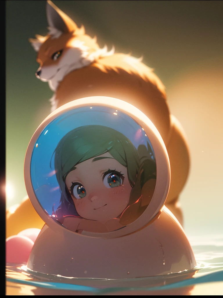 (Sumilux f1.4 24mm , low Latitude old color negative film , cross process , bokeh, flare, chromatic aberration , soft focus, (Shallow focus) , soft glow , Maximum aperture, High Key , Transparent depiction) , dynamic wide angle , fox girl , round butter face, round eyes , (swimwear) , in the sunny pool side