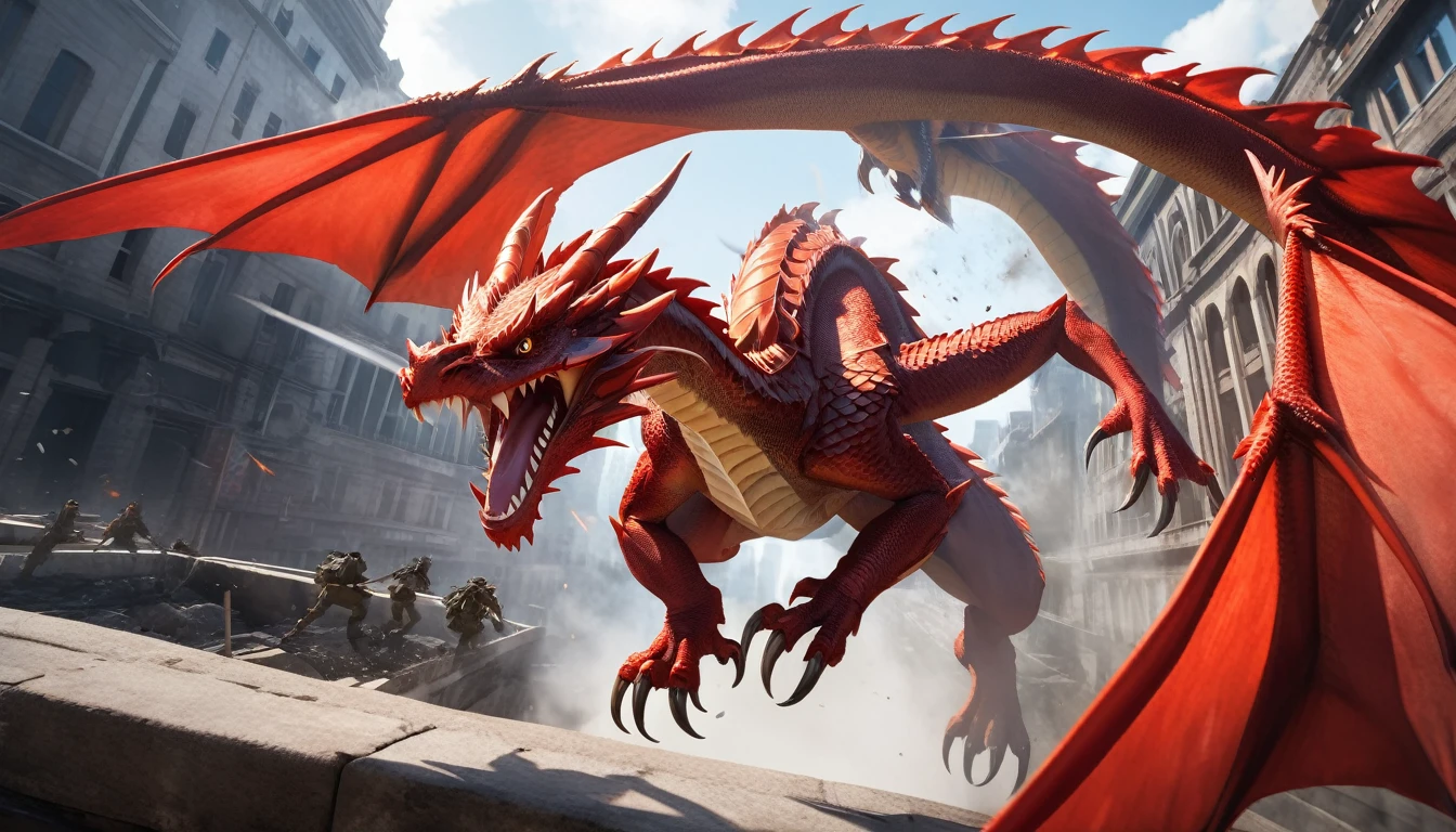 Realistic photos, RAW Photos, red dragon, attacks viewer, Powerful movements, jump on prey, ((Dynamic jump)), Sharp Claws, red dragon approaching from above, sudden approach, Bad-tempered, dynamic Shot from grand