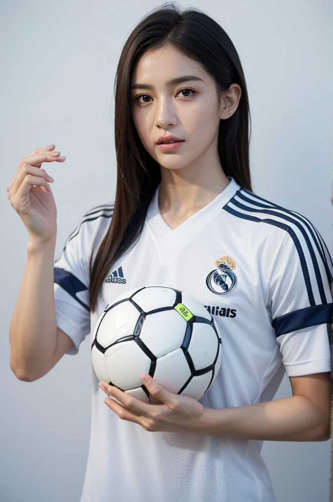 {{{Real Madrid}}}, light, {{Adidas soccer jersey on white background}}, {{{best quality}}}, {{{realistic}}}, {{{Detailed facial description}}}, realistic 눈동자, {{handsome western man}}, realistic 유니폼 주름, holding a soccer ball, {{{Real Madrid}}}, {{{soccer stadium}}}, Sponsor's name is Fly Emirates