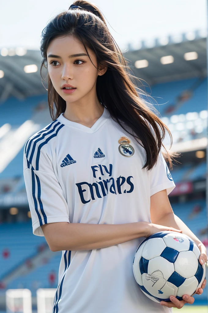 {{{Real Madrid}}}, light, {{Adidas soccer jersey on white background}}, {{{best quality}}}, {{{realistic}}}, {{{Detailed facial description}}}, realistic 눈동자, {{handsome western man}}, realistic 유니폼 주름, holding a soccer ball, {{{Real Madrid}}}, {{{soccer stadium}}}, Sponsor&#39;s name is Fly Emirates