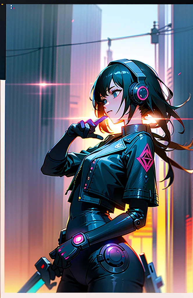 ompts Copy the best quality, Realistic, photoRealistic, award-winning illustration, (intricate details:1.2), (繊細in詳細な), (intricate details), (cinematic light, Top quality backlighting), clear line, Sharp focus, Official Art, unity 8k wallpaper, Absurd, incredibly Absurd, Large file size, Ultra- (in_main_street:1.21), (Neon lamp),Fantasy art, RTTX 10.0,((award winning studio closeup photo of a triangle)), One girl,Half Body,(Full tattoo),(Mouth closed),Small breasts,((cyberpunk city street, Valkyrie,knife, Robot Arm)),(Cyberpunk Blouse, leather jacket, Martin boots),(Headphones_The surrounding area_head),(Headphones_The surrounding area_hair)
