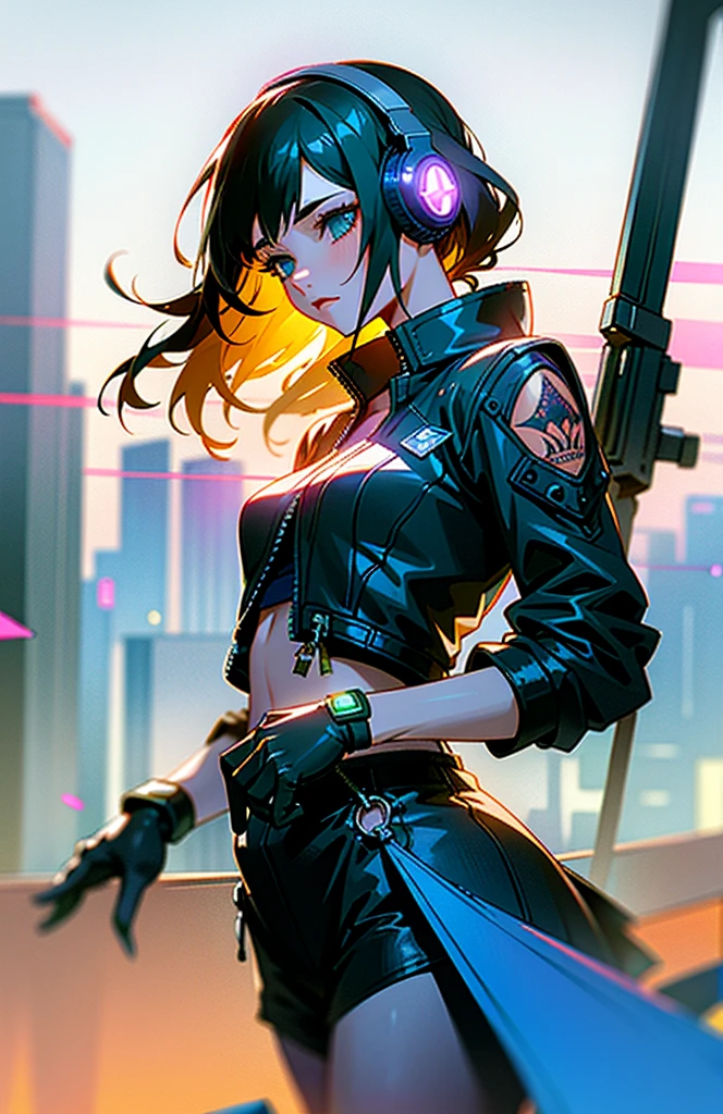 ompts Copy the best quality, Realistic, photoRealistic, award-winning illustration, (intricate details:1.2), (繊細in詳細な), (intricate details), (cinematic light, Top quality backlighting), clear line, Sharp focus, Official Art, unity 8k wallpaper, Absurd, incredibly Absurd, Large file size, Ultra- (in_main_street:1.21), (Neon lamp),Fantasy art, RTTX 10.0,((award winning studio closeup photo of a triangle)), One girl,Half Body,(Full tattoo),(Mouth closed),Small breasts,((cyberpunk city street, Valkyrie,knife, Robot Arm)),(Cyberpunk Blouse, leather jacket, Martin boots),(Headphones_The surrounding area_head),(Headphones_The surrounding area_hair)