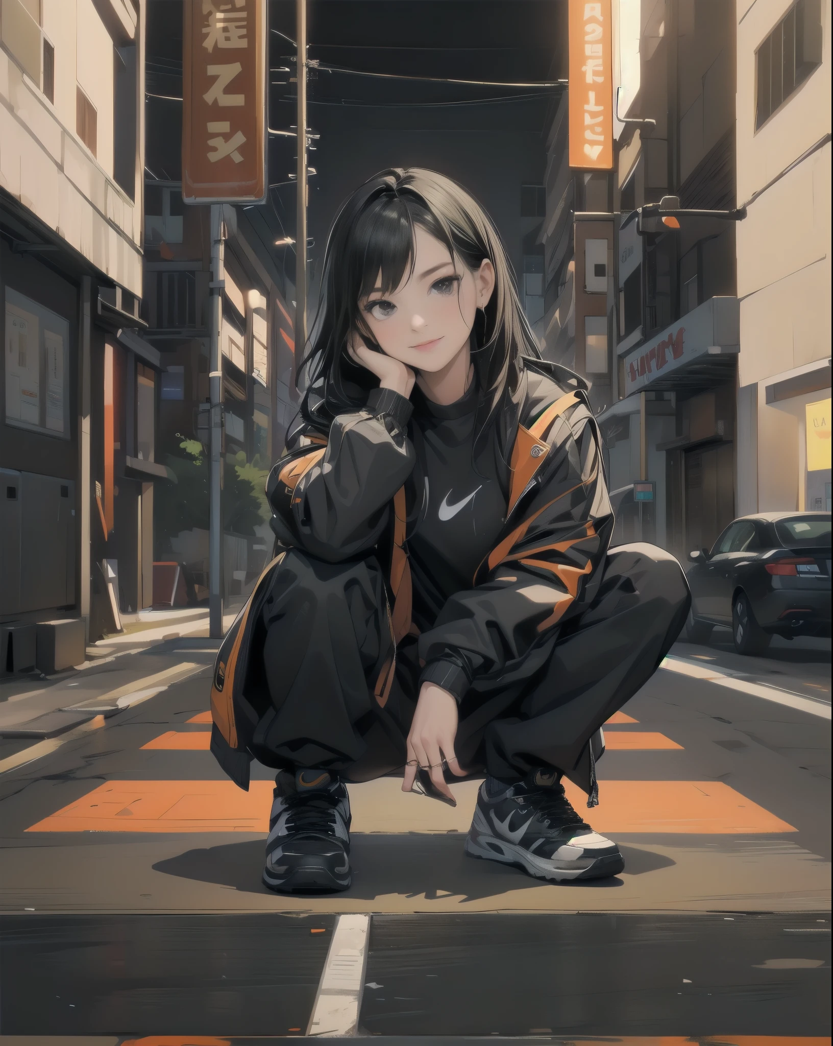 1girl, solo, long hair, looking at viewer, shirt, black hair, sitting, shoes, sleeveless, pants, medium hair, black eyes, black shirt, sleeveless shirt, ground vehicle, yellow pants, orange pants, washing machine