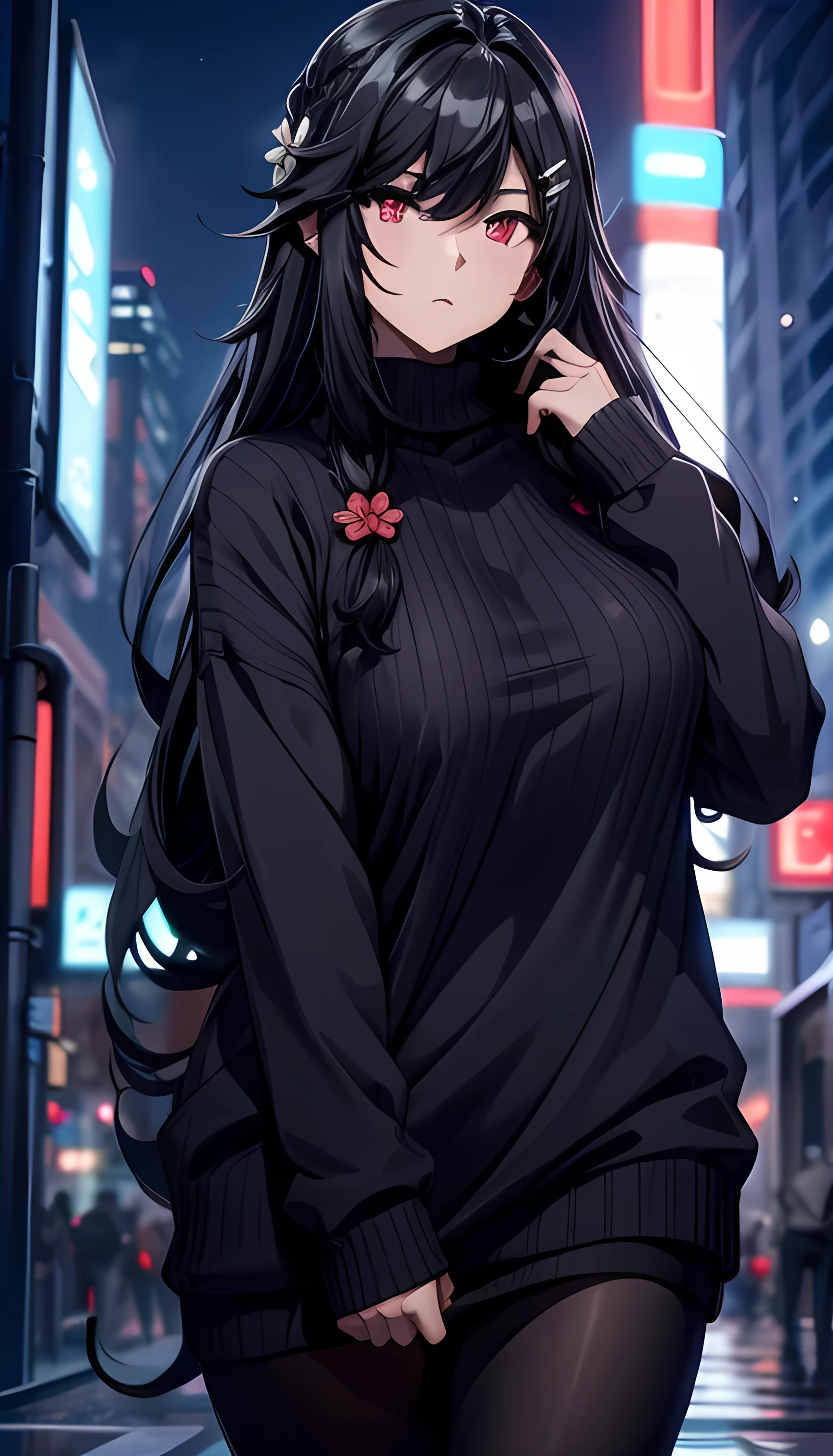 score_9, score_8_up, score_7_up, score_6_up, score_5_up, score_4_up, (8k, RAW photo, best quality, masterpiece:1.2), 1girl,hair ornament,black hair,long hair,hair flower,hairclip,red eyes,braid,bangs,hair between eyes,masterpiece, best quality, photorealistic, 1girl, solo, looking at viewer, long hair, breasts, curvy ,huge breast, sweater, loose sweater, collarbone, pantyhose, night, outside, cyberpunk, jewelry 