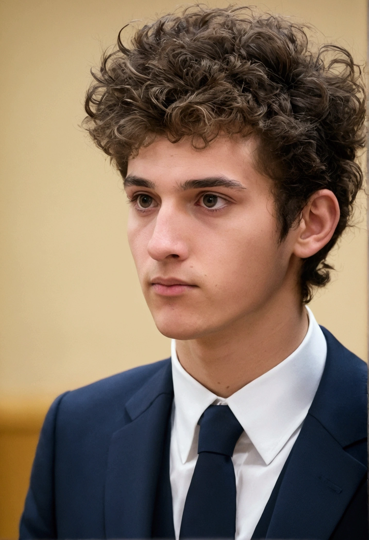 bel homme qui anime une conférence devant des centaines de personnes assises. Il parle avec son micro en costume. Il a 20 ans, cheveux cours dégradé progressif chatains en crète, 1, 87 mètres.