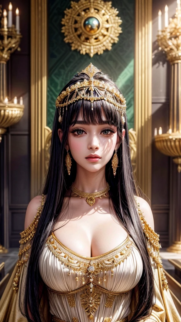 A stunning and beautiful Cleopatra, adorned with luxurious golden and silver decorations, wearing opulent attire that glimmers brightly. She stands in a space where dazzling light streams in, illuminating the surroundings. The environment is filled with gold and silver treasures, creating a sense of overwhelming grandeur. Cleopatra's emerald green eyes and hair add to her majestic presence, making her the focal point of the scene. The setting includes a richly decorated throne room, with intricate details and a majestic atmosphere. The light shines brilliantly, casting radiant beams and enhancing the overall splendor. Masterpiece, best quality, 8K ultra-high resolution.