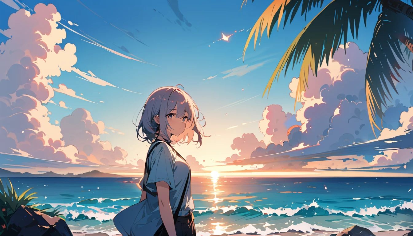 (masterpiece, Highest quality:1.2), 1 Girl, alone,Eyes open,Tropical atmosphere,Ocean,It's dusk