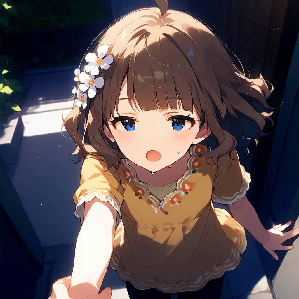 score_9, score_8_up, score_7_up, source_anime, best quality, masterpiece, official art, absurdres, highres, ultra-detailed,waifu2x,Collection: Slice of Life,break,1girl, uou momoko, casual, ahoge, short hair, blue eyes, eyebrows visible through hair, wavy hair, blunt bangs, yellow dress, print dress, floral print, yellow shirt, short over long sleeves, layered sleeves, hair ornament, hair flower, white flower, black pants, pants under dress, capri pants, pants rolled up, sweat, open mouth, (yawn:0.3), sleepily, outdoors, wind,break,(clear line illustration:1.2), super detailed skin,very high resolution, very aesthetic, Best sexual lighting powered by famous artist, 8k,cute picture,beauty illustration,photoshop_(medium),,(Detailed Lighting),best anime 8k konachan wallpaper, pixiv contest winner, 