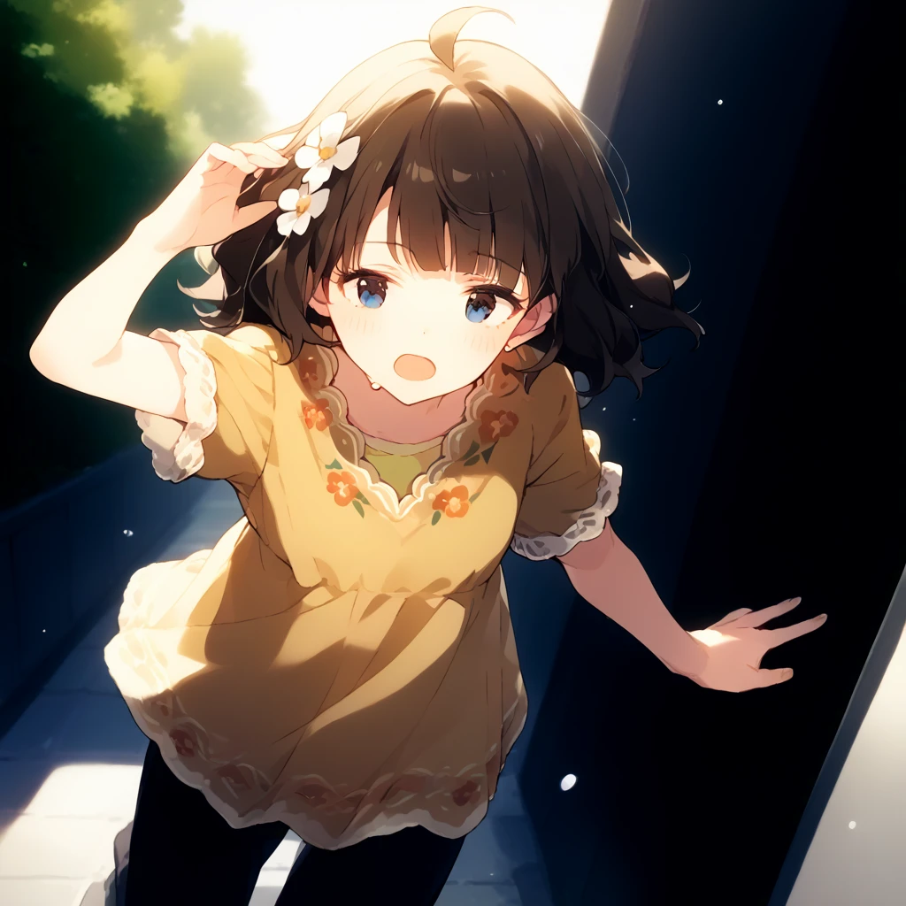 score_9, score_8_up, score_7_up, source_anime, best quality, masterpiece, official art, absurdres, highres, ultra-detailed,waifu2x,Collection: Slice of Life,break,1girl, uou momoko, casual, ahoge, short hair, blue eyes, eyebrows visible through hair, wavy hair, blunt bangs, yellow dress, print dress, floral print, yellow shirt, short over long sleeves, layered sleeves, hair ornament, hair flower, white flower, black pants, pants under dress, capri pants, pants rolled up, sweat, open mouth, (yawn:0.3), sleepily, outdoors, wind,break,(clear line illustration:1.2), super detailed skin,very high resolution, very aesthetic, Best sexual lighting powered by famous artist, 8k,cute picture,beauty illustration,photoshop_(medium),,(Detailed Lighting),best anime 8k konachan wallpaper, pixiv contest winner,
