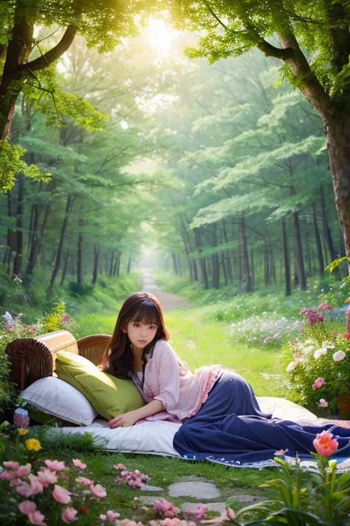 In the calm forest、Beautiful girl sleeps in a big bed、Beautiful scenery、Amazing digital art、Many flowers are blooming