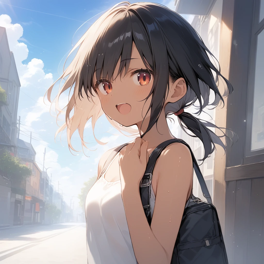 score_9, score_8_up, score_7_up, source_anime, best quality, masterpiece, official art, absurdres, highres, ultra-detailed,waifu2x,Collection: Slice of Life,break,1girl, tomboy, dark-skinned female, short hair, low ponytail, small breasts, beautiful detailed eyes, short shorts, sweat, open mouth, (yawn:0.3), sleepily, outdoors, wind,break,(clear line illustration:1.2), super detailed skin,very high resolution, very aesthetic, Best sexual lighting powered by famous artist, 8k,cute picture,beauty illustration,photoshop_(medium),,(Detailed Lighting),best anime 8k konachan wallpaper, pixiv contest winner, 