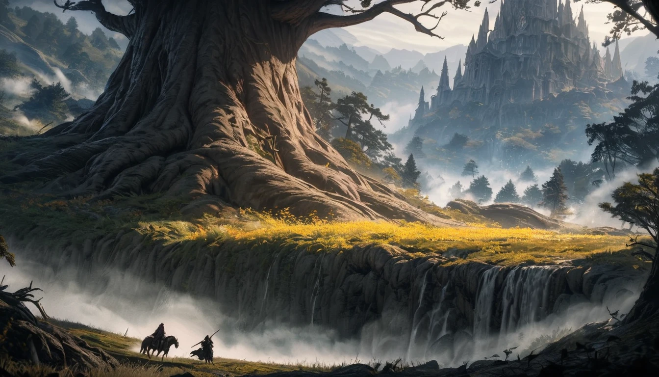 dark fantasy aestetics, elden ring, elden ring style bright day, dim light, fog, powerful fog, huge cracked tree on the background, tree of the shdows, tree shines gold, veil covering the land, dark fantasy scene, cinematic sceme, breathtaking view, big grass field on the background, dark fantasy, horror, dnd, atmospheric perspective, perspective, wide shot, 4K, 8k, highres, high quality, masterpiece, best quality