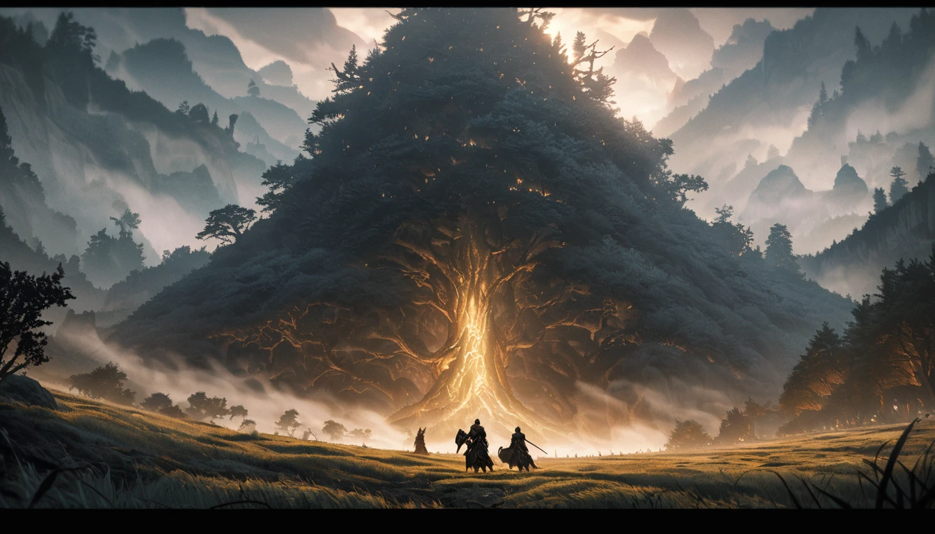 dark fantasy aestetics, elden ring, elden ring style bright day, dim light, fog, powerful fog, huge cracked tree on the background, tree of the shdows, tree shines gold, veil covering the land, dark fantasy scene, cinematic sceme, breathtaking view, big grass field on the background, dark fantasy, horror, dnd, atmospheric perspective, perspective, wide shot, 4K, 8k, highres, high quality, masterpiece, best quality