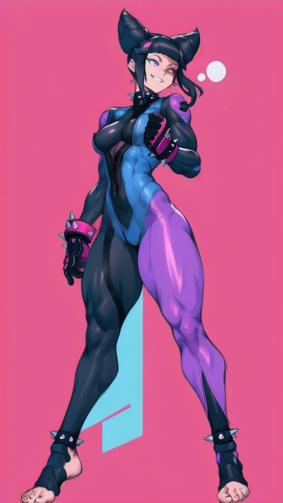 Full body image of Juri Han from Street Fighter 5, wearing her original outfit (black and purple bodysuit with spiked accents, barefoot with taped feet, and arm guards), short black hair styled in twin buns, female body, athletic and flexible body, dynamic pose, detailed pose, simple background, expressive face showing a mischievous grin, focus on face, line art, sketch
