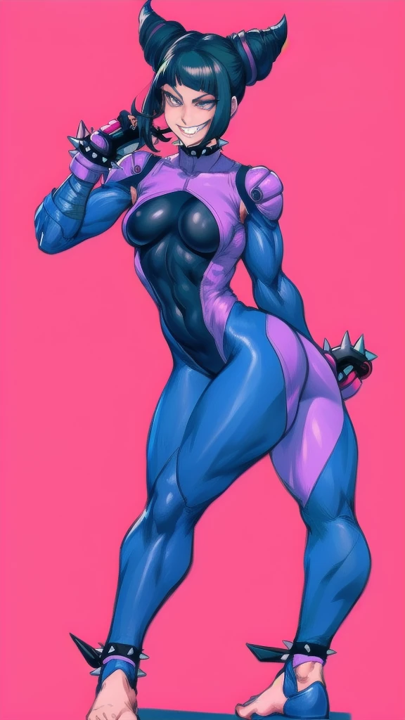 Full body image of Juri Han from Street Fighter 5, wearing her original outfit (black and purple bodysuit with spiked accents, barefoot with taped feet, and arm guards), short black hair styled in twin buns, female body, athletic and flexible body, dynamic pose, detailed pose, simple background, expressive face showing a mischievous grin, focus on face, line art, sketch