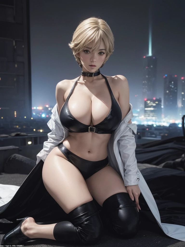 Very short hair, (masterpiece、Highest quality、Official Art), Neck up, View from the front, Looking at the audience:1.5, topless, Underless, White jacket:1.2, Black long boots, Black garter belt, (Black bondage suit:1.2), Black collar, Black choker, Glowing Skin, Realistic:1.9, Very detailed, Full Body Shot:1.2, Cleave, Belly button pussy, Expose the center of the body, High resolution, full color photos, High detail, Extremely realistic detail, Ultimate realistic texture, Ultimate in exquisite detail, Professional photos, Sexy portrait of a girl, Voluptuous bust, Tight waist, Cleavage, Trained abdominal muscles, Big Ass,Complete the whole body, Full body image, No underwear, Highest quality, ((background:city:1.4)), Suzune, Suzune's clothes