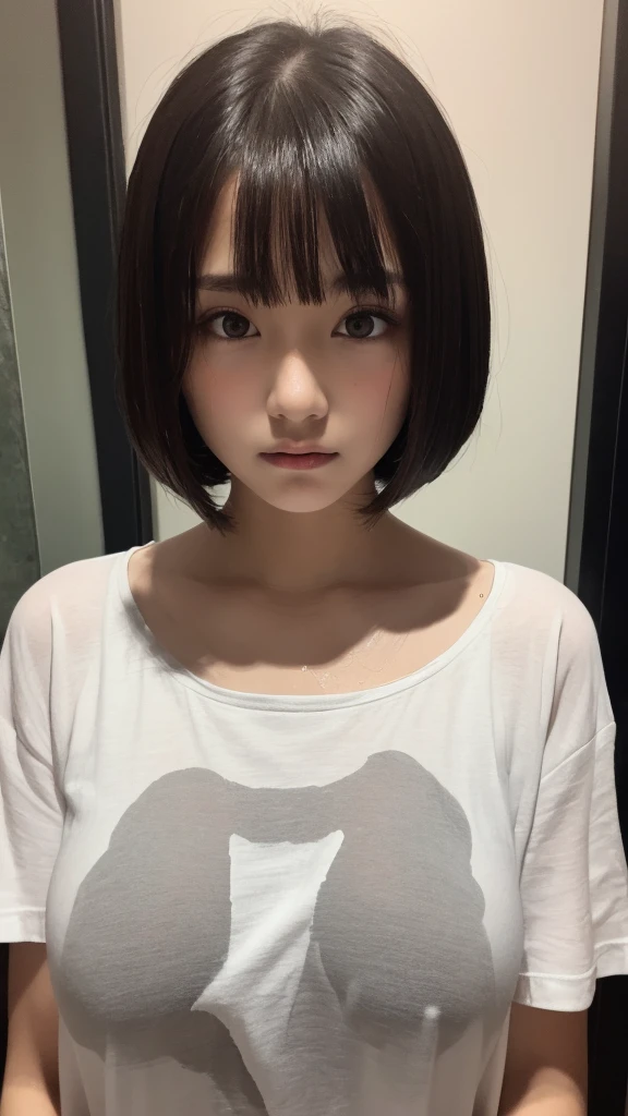 -yeld gi Black bob cut, (Thin eyebrows), Oversized T-shirt, Grey T-shirt, Wet T-shirt, (Huge breasts), ((avert your eyes)), Symmetrical eyes, Upper Body, Washroom, Wet clothes, Low lighting