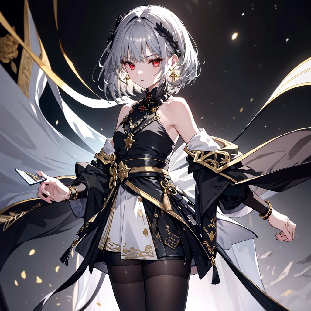 8k,High resolution RAW color art,Anime Art,Silver Marble Skin, (((Very detailed and cool))), Detailed skin, Bokeh、texture,(Exquisitely crafted, The finer details, Ultra-detailed art), (((1 girl))), Depth of written boundary, Silky Touch, Hyper Detail, (((Cool face))), eye shadow、Armed women, Beautiful detailed red eyes, Beautiful lip detail, Highly detailed face, Delicate depiction of hair and eyes, Detailed Fashion, Golden Earrings,Full body depiction, Black half top、(((Shoulder Bare)))、Black shorts、Waist Cloak、black tights、Golden decoration, Grey Hair, Golden bracelet, Straight Hair、Short Hair、(((Hair)))、Simple Background、(((Black theme)))、snow、Side view、Gravure pose、look down、cloth、Clear face
