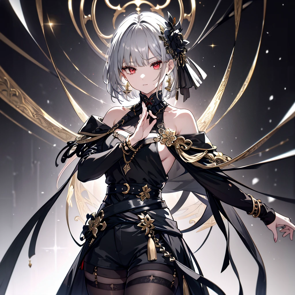 8k,High resolution RAW color art,Anime Art,Silver Marble Skin, (((Very detailed and cool))), Detailed skin, Bokeh、texture,(Exquisitely crafted, The finer details, Ultra-detailed art), (((1 girl))), Depth of written boundary, Silky Touch, Hyper Detail, (((Cool face))), eye shadow、Armed women, Beautiful detailed red eyes, Beautiful lip detail, Highly detailed face, Delicate depiction of hair and eyes, Detailed Fashion, Golden Earrings,Full body depiction, Black half top、(((Shoulder )))、Black shorts、Waist Cloak、black tights、Golden decoration, Grey Hair, Golden bracelet, Straight Hair、Short Hair、(((Hair)))、Simple Background、(((Black theme)))、snow、Side view、Gravure pose、look down、cloth、Clear face
