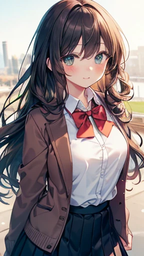 ((Tabletop, Highest quality, High resolution, Hmph, Pixel perfect, Written boundary depth, 4K, Hmph, Hmph))), 1 girl, single, alone, Beautiful Anime Girls, Beautiful art style, Anime characters, ((Long Hair, bangs, Dark brown hair, Curly Hair:0.8)), ((Green Eyes:1.4, Beautiful Eyes, Beautiful Eyes, Perfect Eyes,Curled eyelashes, Realistic eyes)), ((Detailed face, blush:1.2)), ((Smooth texture:0.75, Realistic texture:0.5, Anime CG style)), Medium chest, Dynamic Angle, Big Breasts, Perfect body, Dynamic pose, ((Red bow tie, , Black jacket, Open jacket, Brown cardigan, White shirt, Black Skirt, Checked skirt)), smile, Open your mouth, Put your arms behind your back, Leaning forward, Amalment Park, ((close, throw, cute, Shoot in the face))
