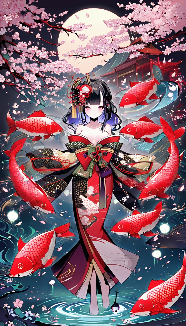 In a futuristic scene, Mechanically Enhanced Japanese Geisha、The elegance of elaborate gardens. She has beautiful delicate eyes and lips that complement her face. Geisha wear traditional kimonos with intricate patterns and designs.。. Around her are bright cherry blossoms and a quiet carp pond. The scenes are drawn using a combination of illustration and photorealism, Extremely detailed and sharp brushwork, Bright colors. Lighting that accentuates the elegance of geisha, Gives porcelain skin a soft glow. The artwork is of the highest quality, 4K or 8K resolution, Exquisite details of geisha costumes on display, cherry blossoms, Shining carp scales. The overall color scheme is、、Traditional Japanese color combinations, crimson, hang on., Black, Subtle gold accents, With a futuristic twist. Combining ancient traditions with modern technology、、Create captivating and visually striking masterpieces.Shoulders are exposed, 胸がappear、You can see the valley、appear、Exposed shoulders、Chest exposed、(Shoulders are exposed), 胸がappear、You can see the valley、appear、Exposed shoulders、Chest exposed、(Off-the-shoulder style)、Random sexy poses