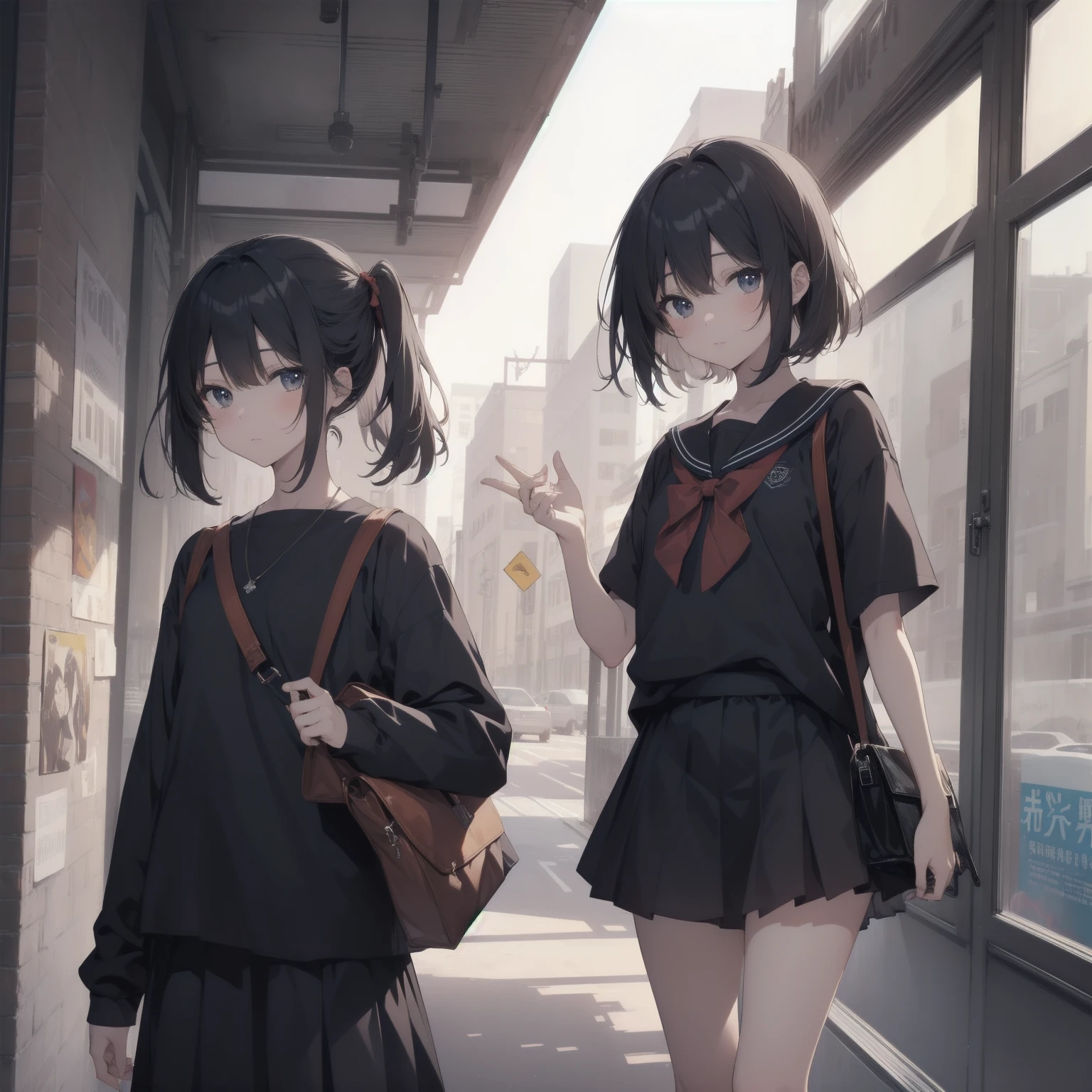 ultra-absurdres-Top quality by artist God, ultra-detailed, high resolution, anime moe artstyle, best anime 8k konachan wallpaper, pixiv contest winner, pool:2810, perfect anatomy,break, 1girl, (Please draw a girl walking sleepily to school alone. )break,(Solo,little female, 13-year-old:1.3),Full limbs, complete fingers,a junior high school student, (very short hair), short cut, flat chest, , small butt, small black eyes, beautiful detailed eyes, well-proportioned iris and pupils, expressive eyes, highres detailed hair, soft expression, salor school_uniform, sailor collar, serahuku, bow, pleated skirt,(Detailed Lighting), (Detailed background), in the School commute route. break,super detailed skin, Best cinematic lighting powered by famous artist, 8k,beauty illustration,photoshop_(medium),very aesthetic,break,((artist:yuuhagi_(amaretto-no-natsu) )), artist:clamp ,artist:carnelian ,artist:kantoku ,