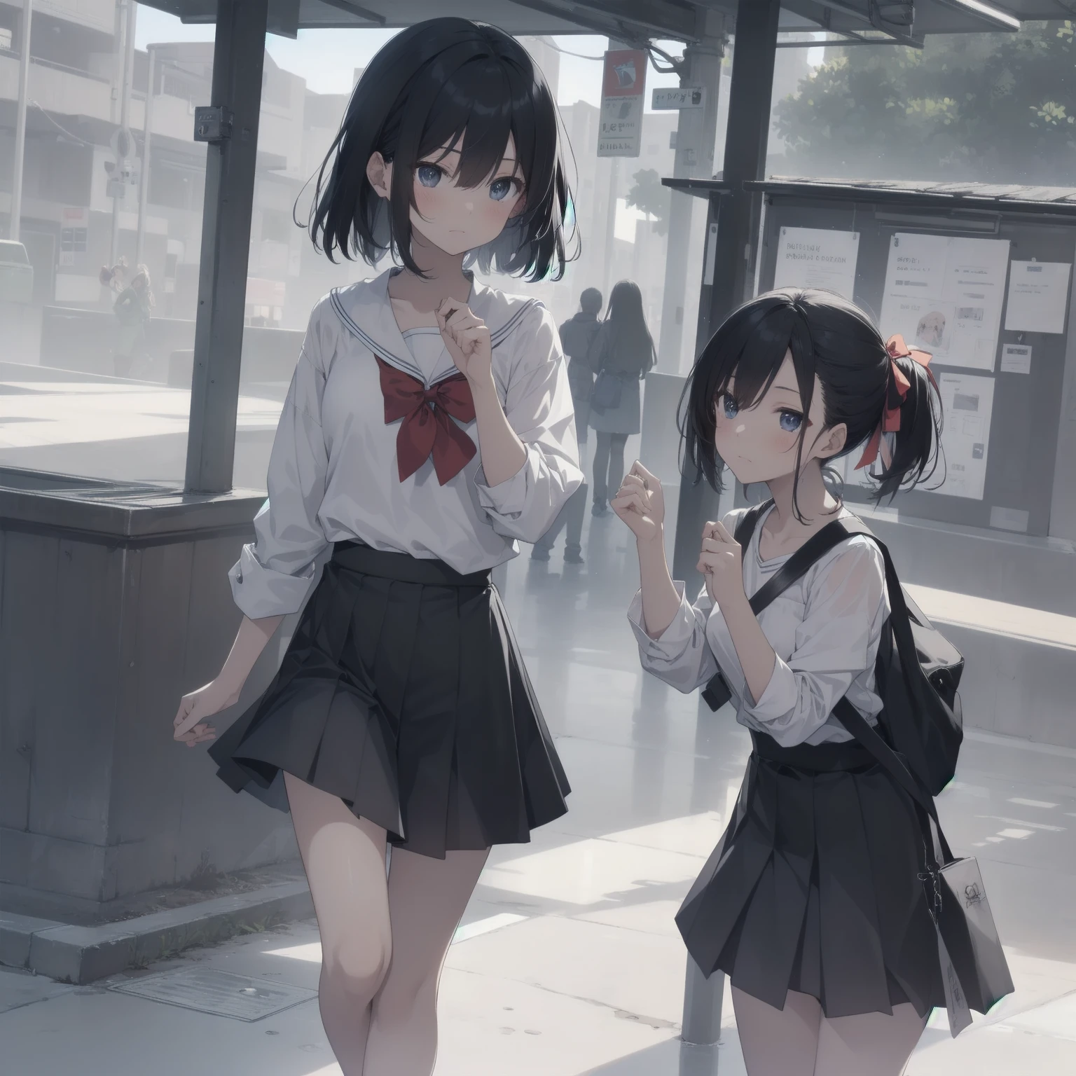 ultra-absurdres-Top quality by artist God, ultra-detailed, high resolution, anime moe artstyle, best anime 8k konachan wallpaper, pixiv contest winner, pool:2810, perfect anatomy,break, 1girl, (Please draw a girl walking sleepily to school alone. )break,(Solo,little female, 13-year-old:1.3),Full limbs, complete fingers,a junior high school student, (very short hair), short cut, flat chest, , small butt, small black eyes, beautiful detailed eyes, well-proportioned iris and pupils, expressive eyes, highres detailed hair, soft expression, salor school_uniform, sailor collar, serahuku, bow, pleated skirt,(Detailed Lighting), (Detailed background), in the School commute route. break,super detailed skin, Best cinematic lighting powered by famous artist, 8k,beauty illustration,photoshop_(medium),very aesthetic,break,((artist:yuuhagi_(amaretto-no-natsu) )), artist:clamp ,artist:carnelian ,artist:kantoku ,