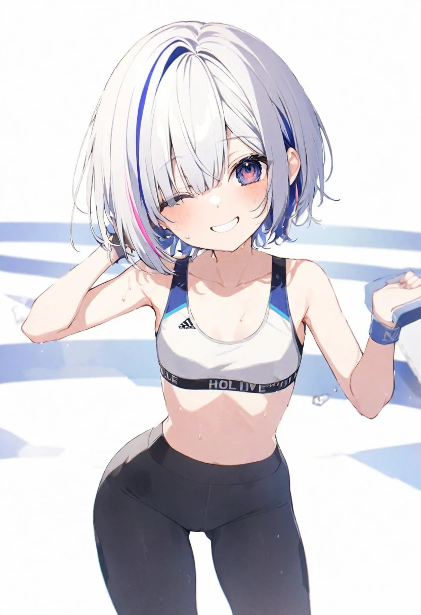 (muste piece), (best quality), (score_9, score_8_up, score_7_up), very detailed eyes, expressive eyes, perfect face, very detailed face, highly detailed face, beautiful girl, 8K, beautiful girl, white background, delicate and beautiful face and eyes, dark intense shadow, 
1 girl, vtuber style, cool girl, hololive, amane kanata, streaked hair, short hair, Sports bra, leggings, Sweat, small chest, one eye close winking, smile, ass visible through thighs, (full body), standing, 