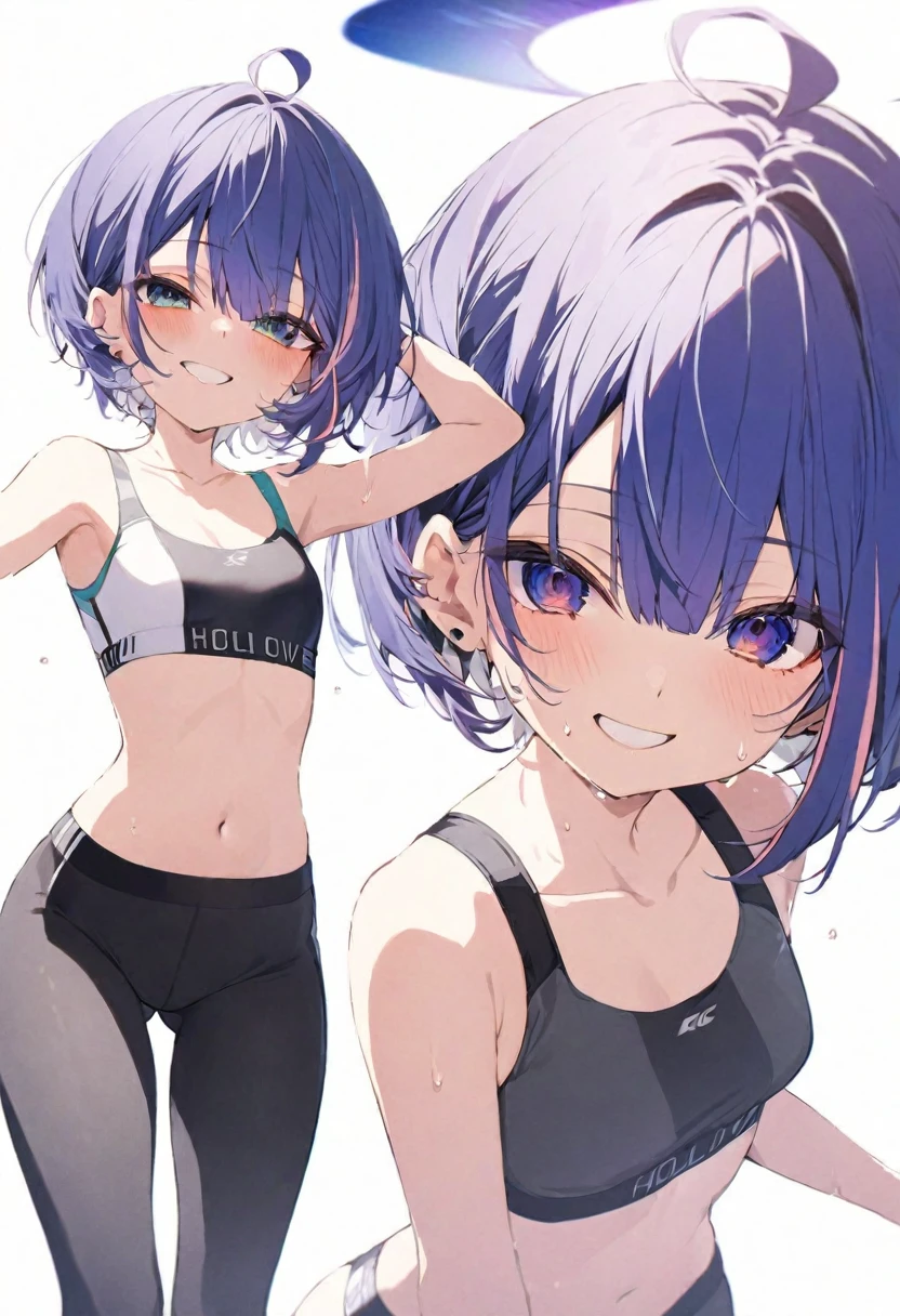 (muste piece), (best quality), (score_9, score_8_up, score_7_up), very detailed eyes, expressive eyes, perfect face, very detailed face, highly detailed face, beautiful girl, 8K, beautiful girl, white background, delicate and beautiful face and eyes, dark intense shadow,
1 girl, vtuber style, cool girl, hololive, amane kanata, streaked hair, short hair, Sports bra, leggings, Sweat, small chest, one eye close winking, smile, ass visible through thighs, (full body), standing,