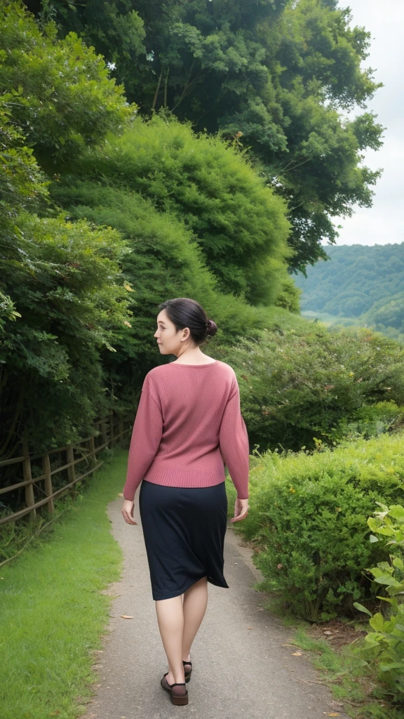 Japanese Garden,good、highest quality,Japanese ,Realistic characters, shape, Very detailed, finely, High resolution, Finely beautiful eyes,, Center of chest, Natural color lip, Wearing a short-sleeved crew neck summer knit,60-year-old 、A painful expression、Cloudy、The wind is blowing、Hair is stiff、Walking straight down a country road、Back view、Turning around、Turning around顔、
