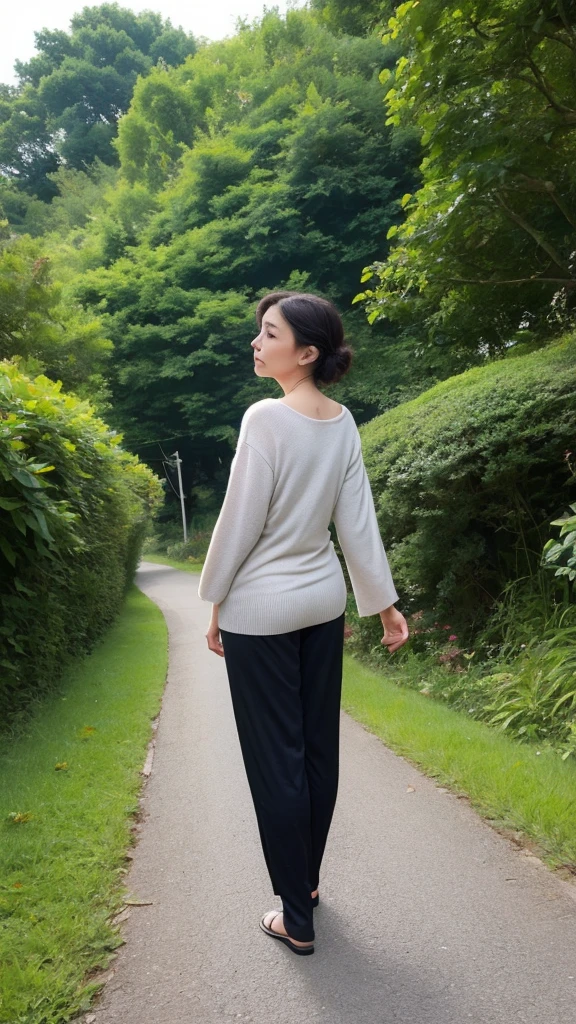 Japanese Garden,good、highest quality,Japanese ,Realistic characters, shape, Very detailed, finely, High resolution, Finely beautiful eyes,, Center of chest, Natural color lip, Wearing a short-sleeved crew neck summer knit,60-year-old 、A painful expression、Cloudy、The wind is blowing、Hair is stiff、Walking straight down a country road、Back view、Turning around、Turning around顔、