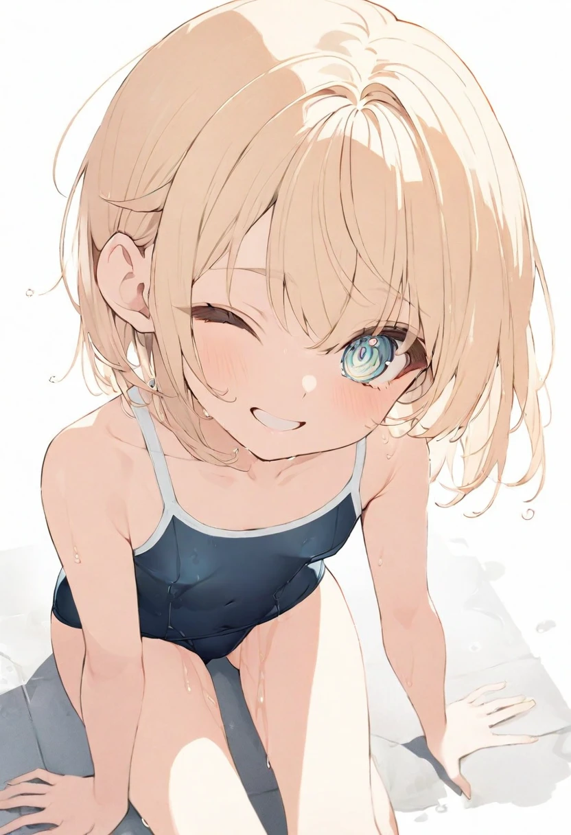 (muste piece), (best quality), (score_9, score_8_up, score_7_up), very detailed eyes, expressive eyes, perfect face, very detailed face, highly detailed face, beautiful girl, 8K, beautiful girl, white background, delicate and beautiful face and eyes, dark intense shadow,
1 girl, vtuber style, cool girl, hololive, Kazama Iroha, blond hair, school swimsuit, small chest, cropped shoulders, clavicle, wet body, wet hair, one eye close winking, smile, body visible through clothes, chest visible through clothes, ass visible through thighs, (full body), barefoot, naked thighs, sitting, open legs wide,